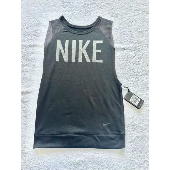 NIKE BLACK TANK WOMENS SMALL SLEEVELESS GRAPIC FLEECE SWEATSHIRT MESH TOPsize XS - Picture 1 of 3